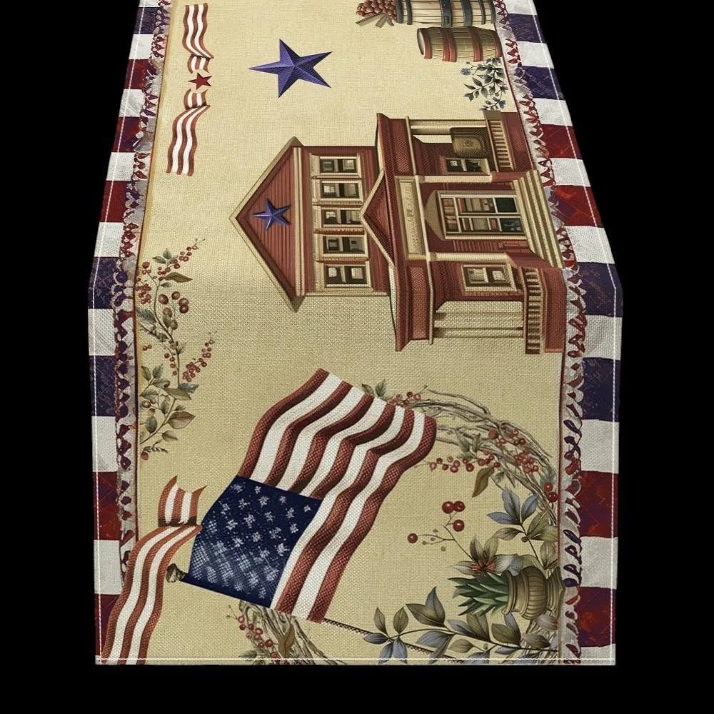 Patriotic Farmhouse Table Runner – Americana House & Flag Design with Gingham Border