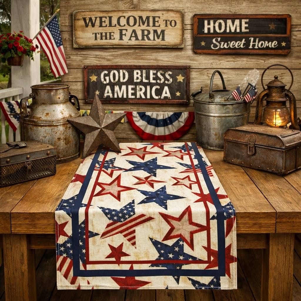 Rustic Patriotic Table Runner – Americana Stars & Farmhouse Red White Blue Décor