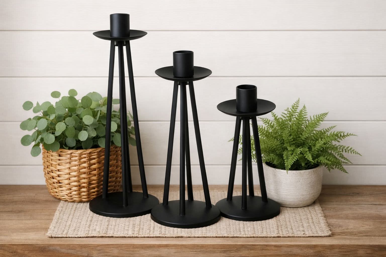 Modernist Black Candle Holders 3 Pc