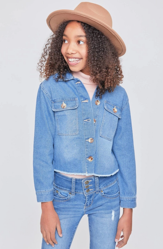 Girl's Oversized Denim Jacket with Frayed Hem