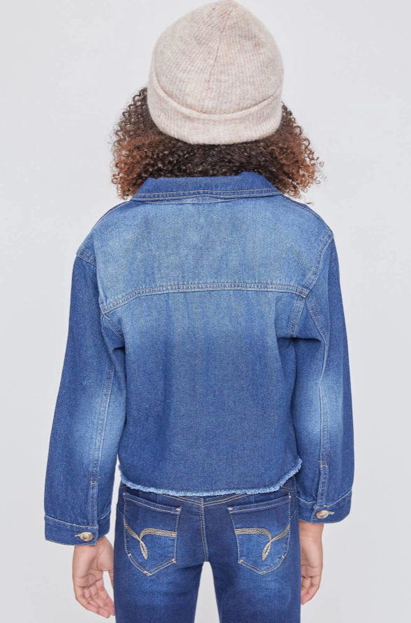 Girl's Oversized Denim Jacket with Frayed Hem