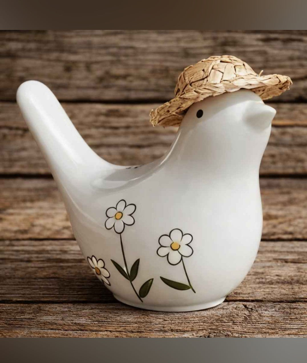 3" X 4" Ceramic Bird With Straw Hat