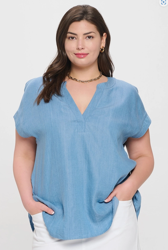 Chambray Split Neck Blouse