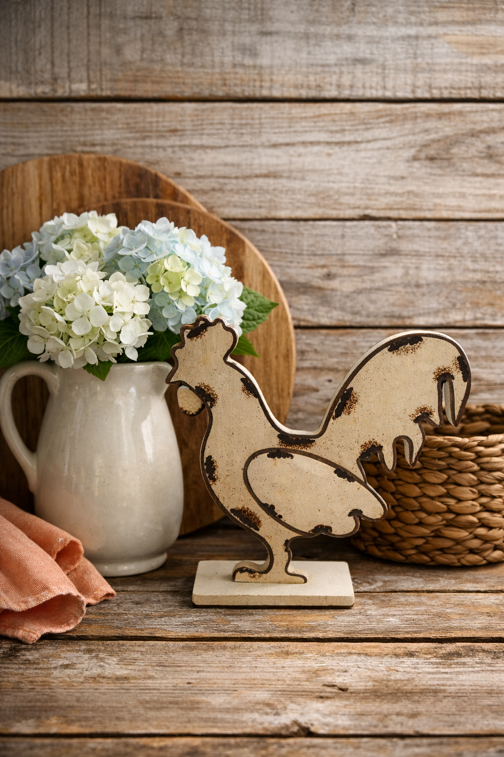 9" Wood And Metal Rooster Shelf Sitter