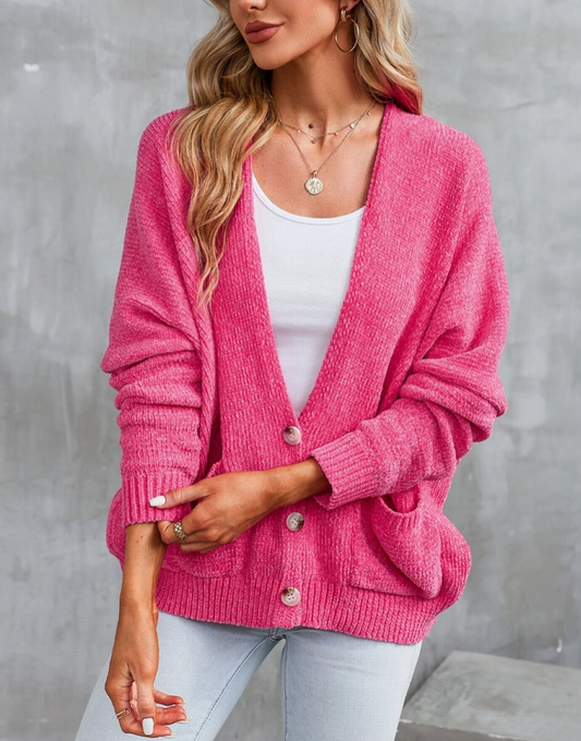 Pink Front Button Pocketed Cardigan