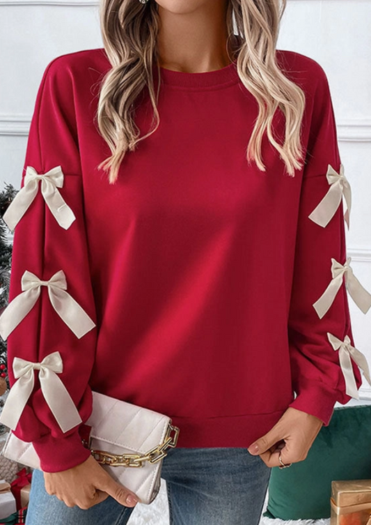 Red Bow Sleeve Crew Sweatshirt