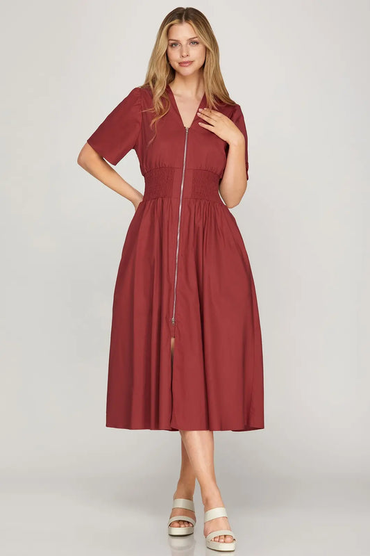 Front Zip Midi in Red