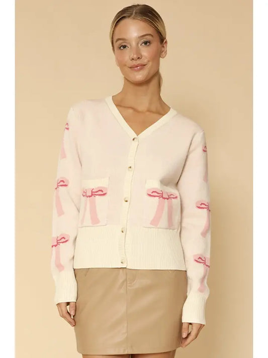 Cropped Knit Bow Cardigan with Pockets